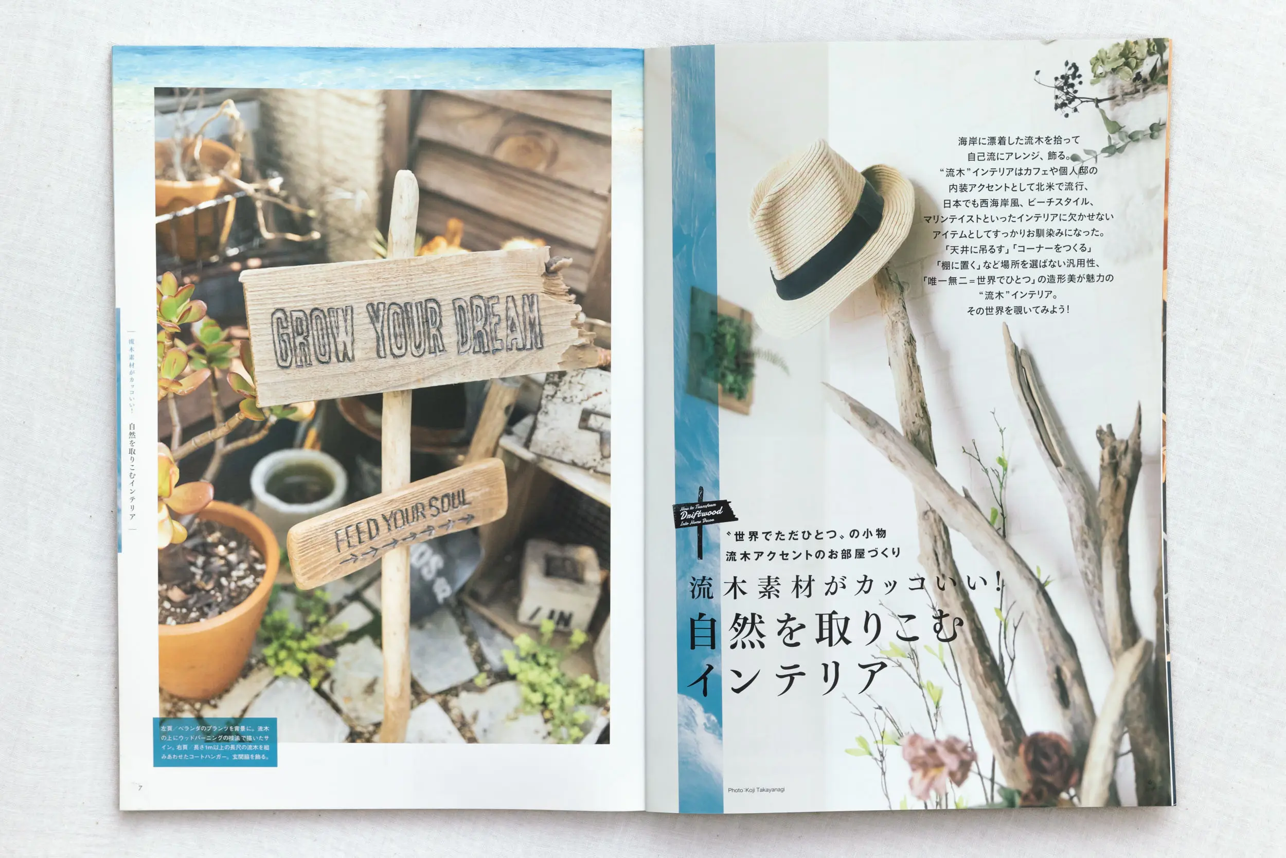 雑誌『すみごこち』Vol.9 取材誌面。自然素材（流木）を活用したインテリアと雑貨の空間スタイリングを捉えた撮影事例（スタジオトリトル）