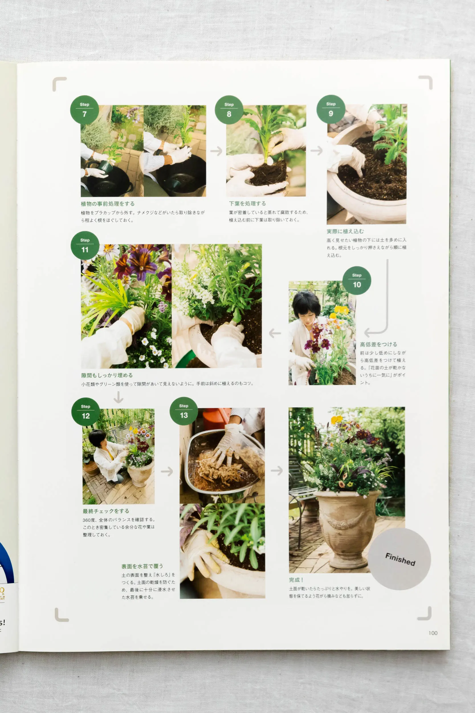 雑誌『すみごこち』Vol.1 ガーデン特集誌面。寄せ植え完成までの手元工程(ハウツー)と完成カットの撮影事例(スタジオトリトル)