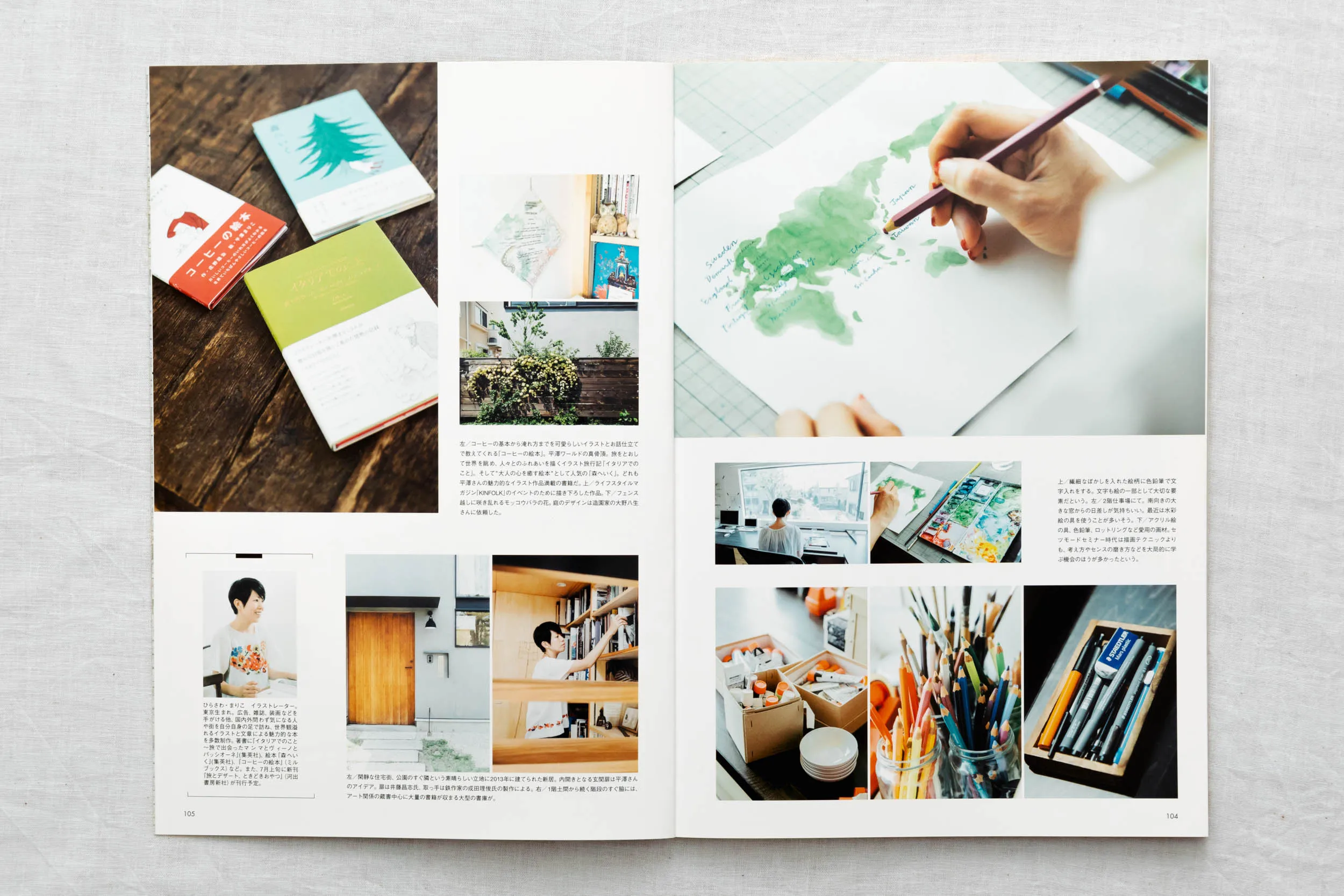 雑誌「すみごこち」Vol.3 イラストレーター平澤まりこさんのアトリエ取材。水彩画の手元と画材のプロセス撮影