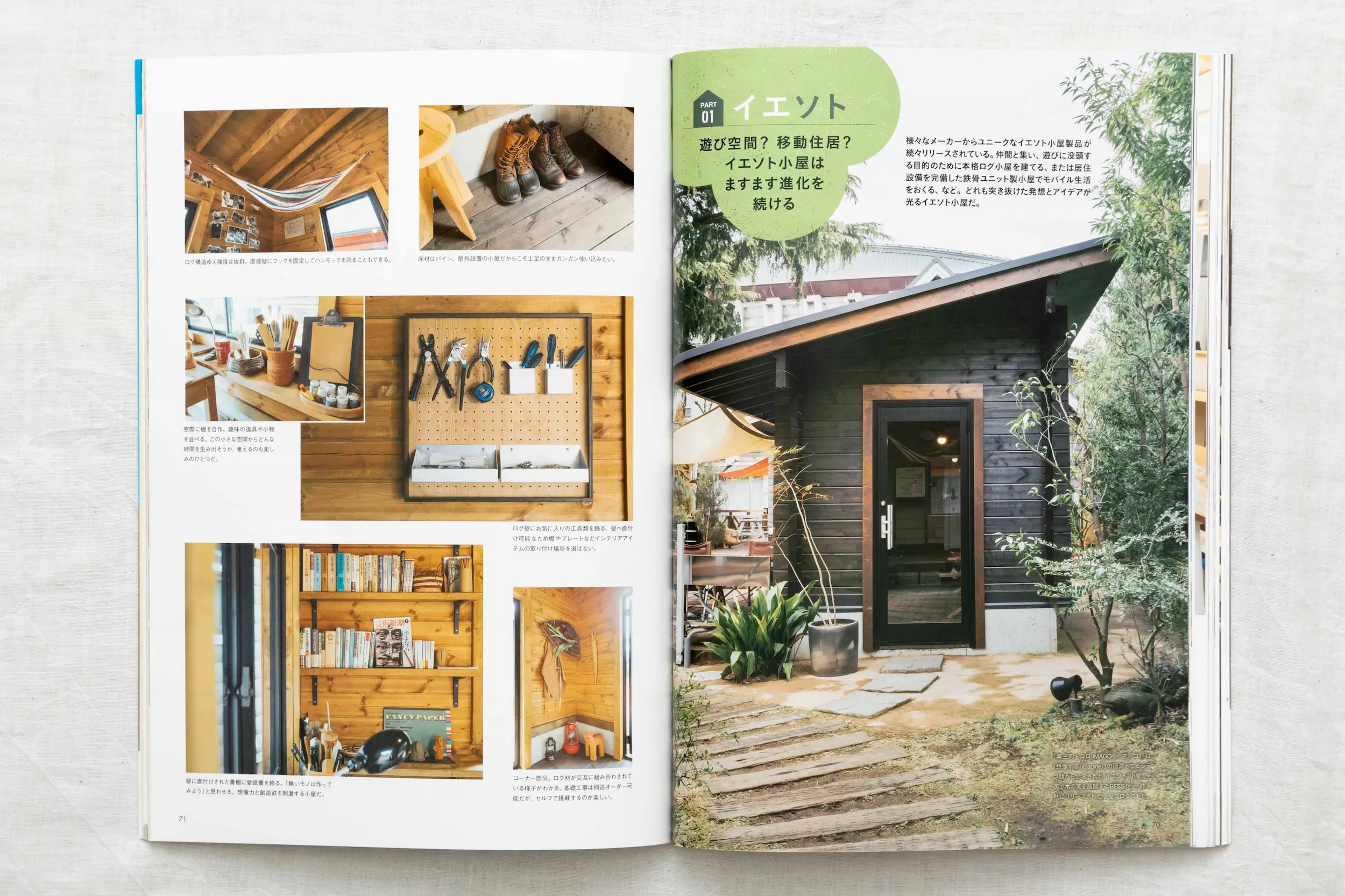 雑誌「すみごこち」Vol.7 小屋特集扉ページ。庭に建つログ小屋の外観と、趣味を楽しむ内観インテリアのディテール撮影