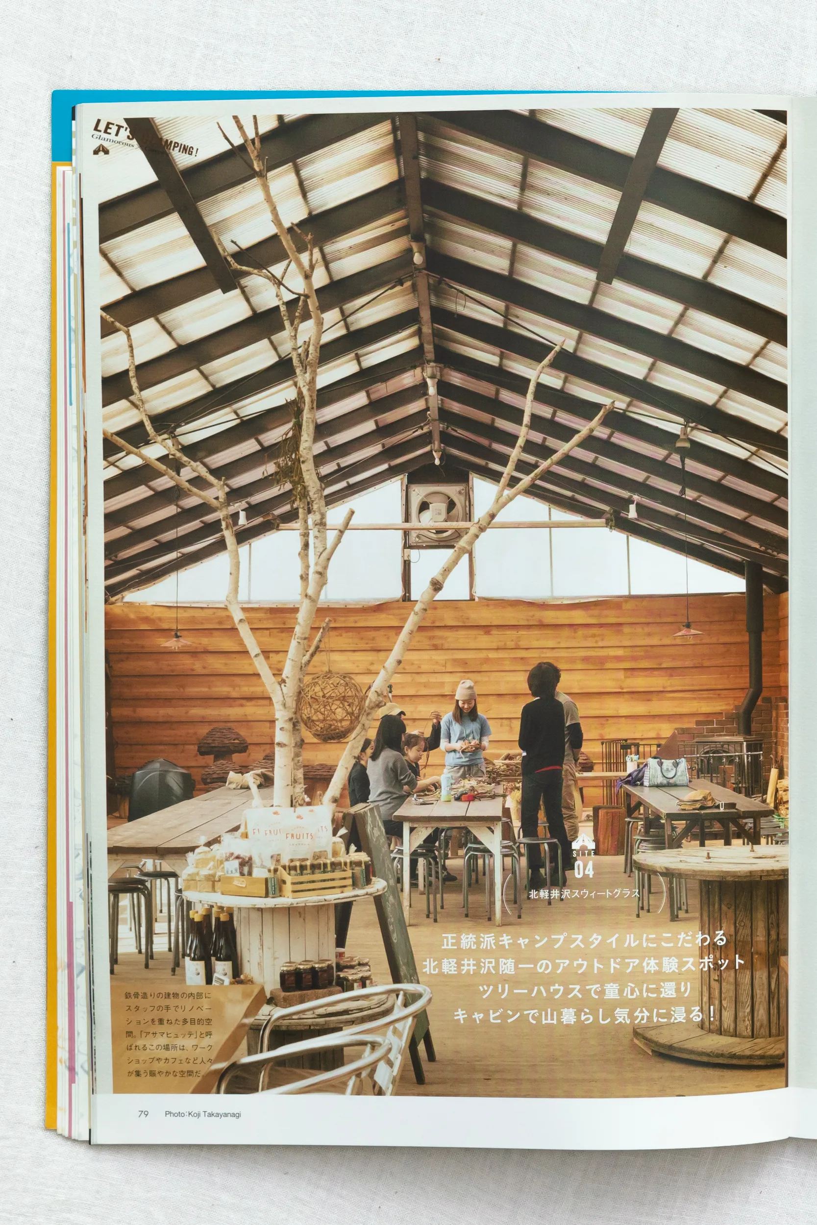 雑誌「すみごこち」Vol.9 キャンプ場・グランピング施設の多目的ホール空間撮影。白樺の木を取り入れた開放的な木造建築の内観